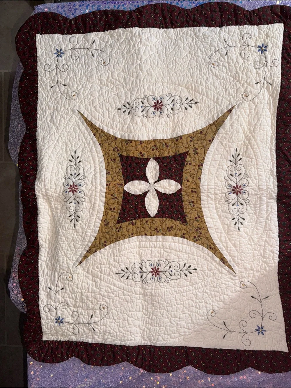 955-White Quilted Decorative Pillow Case set Burgundy and Gold Accents